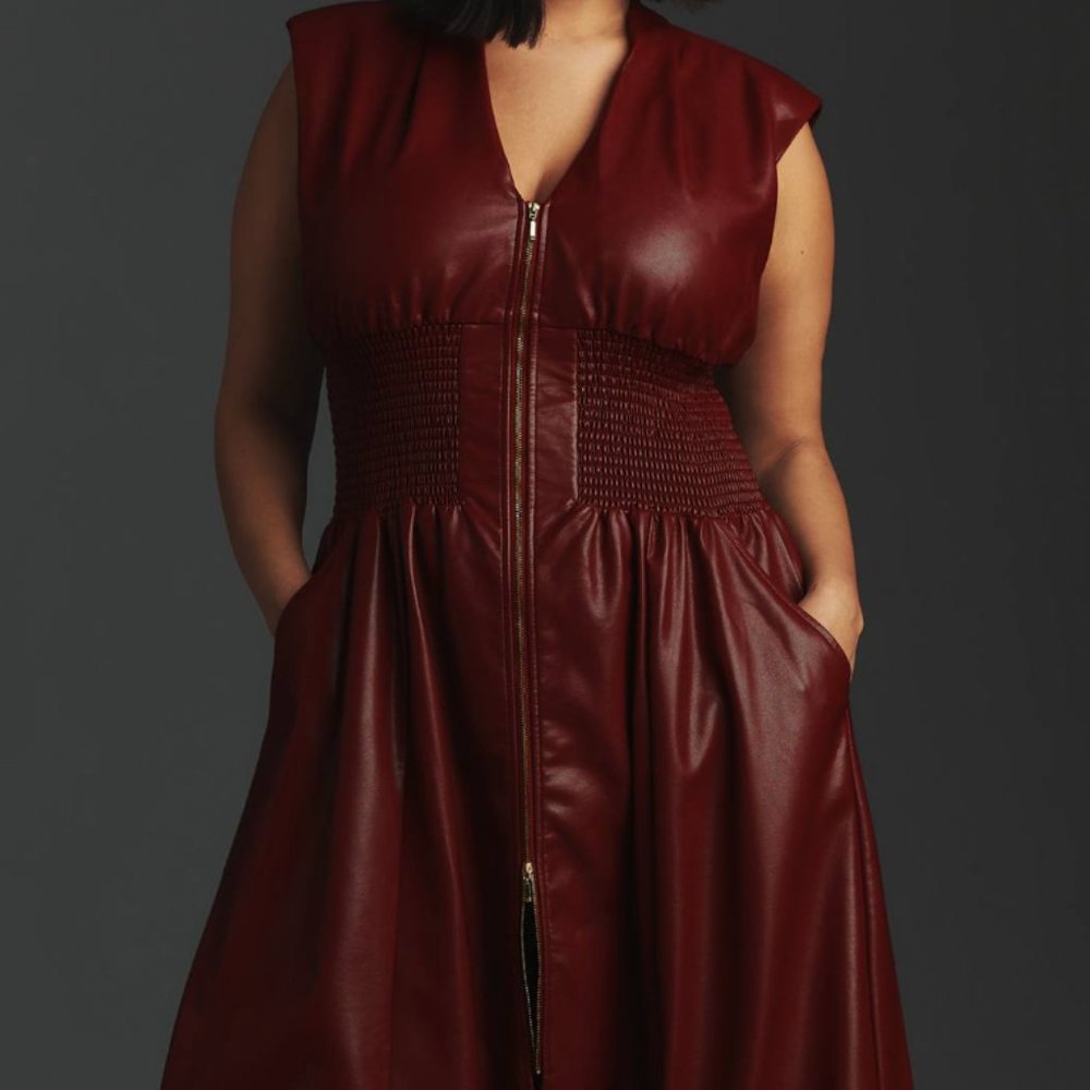 Anthropologie Tommie Smocked Front-Zip Faux Leather Shirt Dress NWT 2X (Brown)